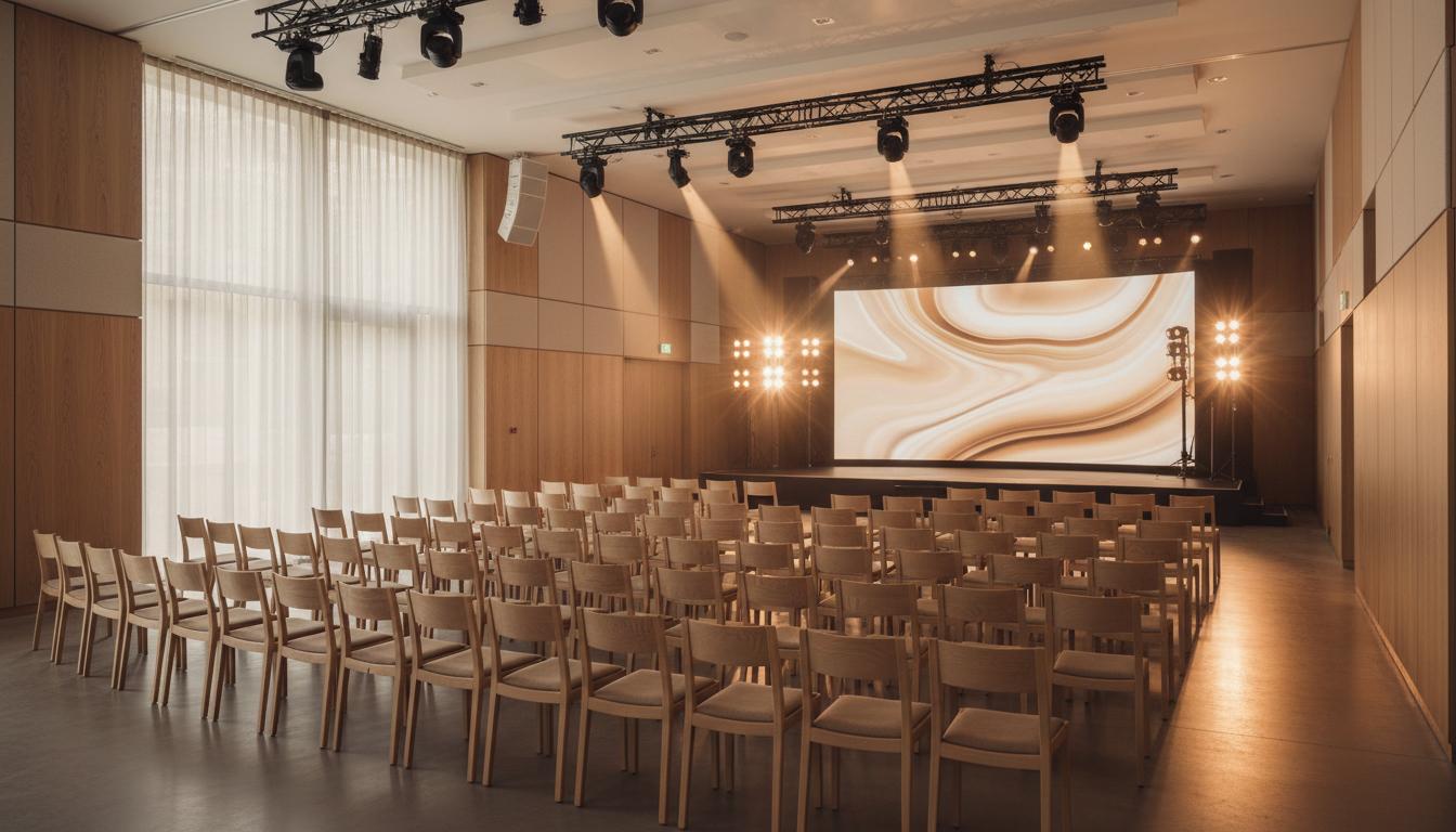 Conference venue with a lit stage and seating
