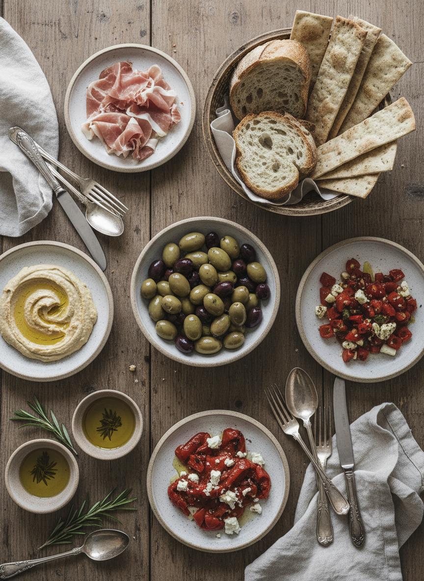 Mediterranean small plates on a rustic wooden table